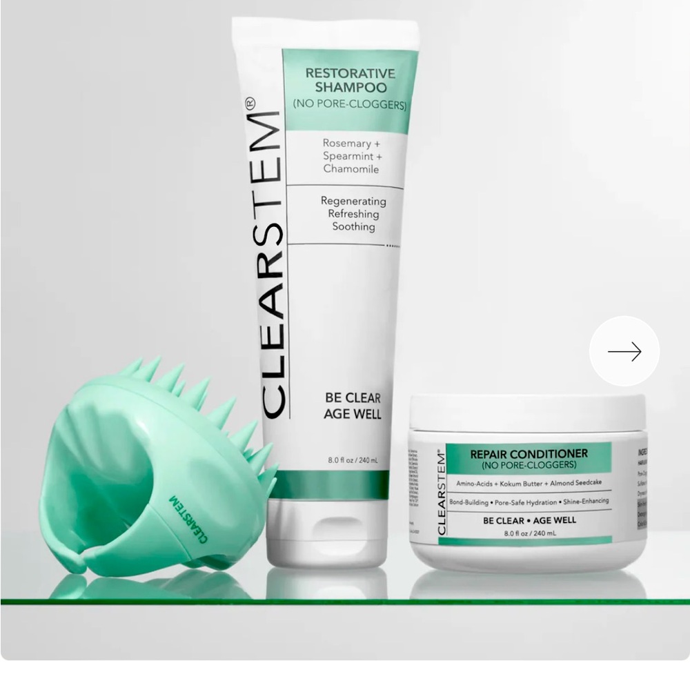 Clearstem Restorative Shampoo and Conditioner with scalp massager brush